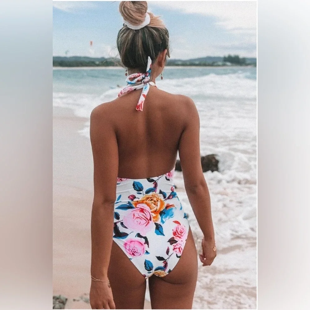 CUPSHE Bold Floral and Stripe Halter
One Piece Swimsuit NWT!! - Picture 2 of 12